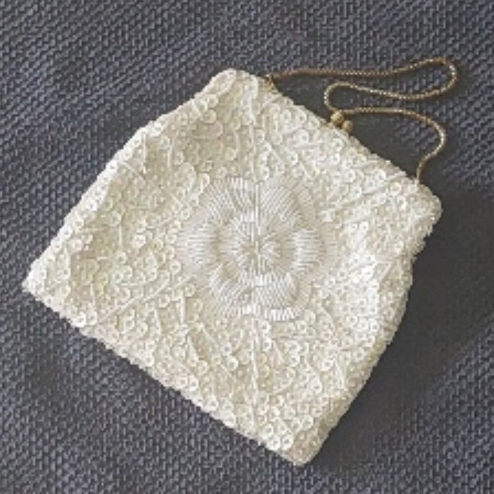 Vintage Sequin Microbead White Evening Occasional Purse